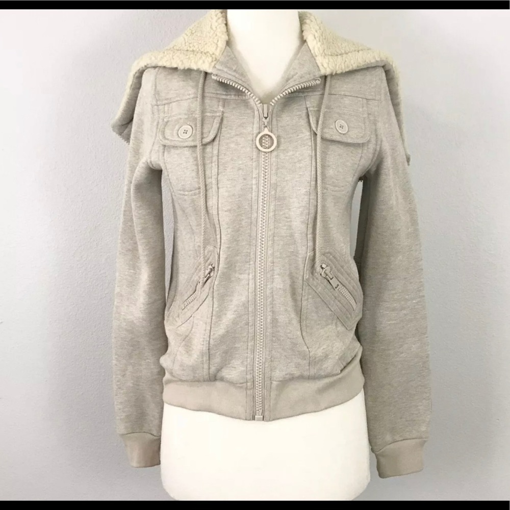 EUC Marc Jacobs Fleece Jacket Large Sherpa Shearling Hood Beige Gray Jersey Knit